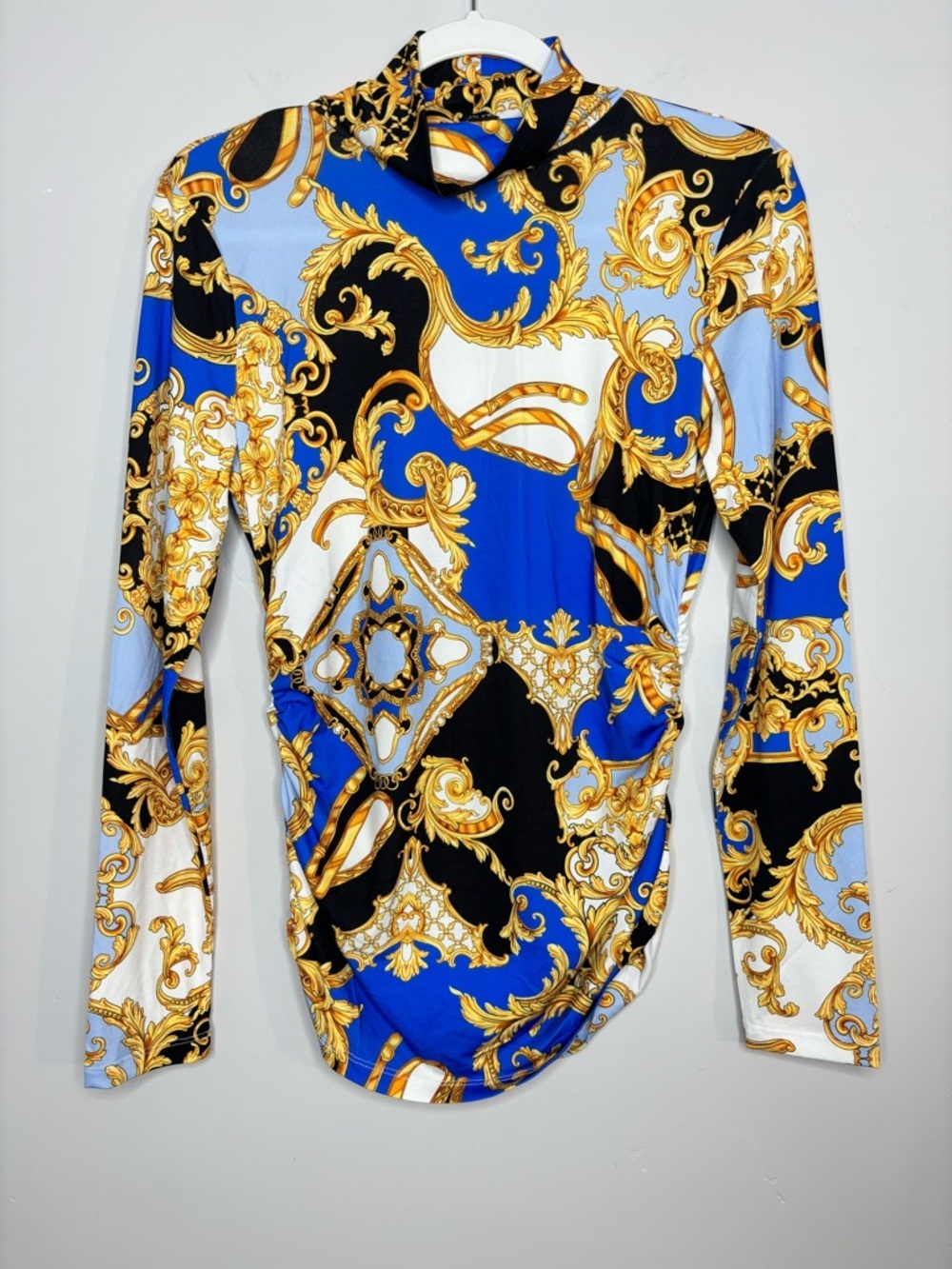 Boston Proper Blue Gold Baroque Ruched Mock Neck Long Sleeve Top Size Small - Picture 2 of 9